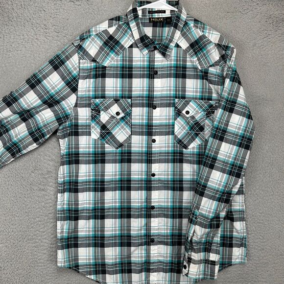 Helix Button Up Shirt Mens XL Blue White Plaid Athletic Fit Snap‎ Flap Pocket - Picture 1 of 12
